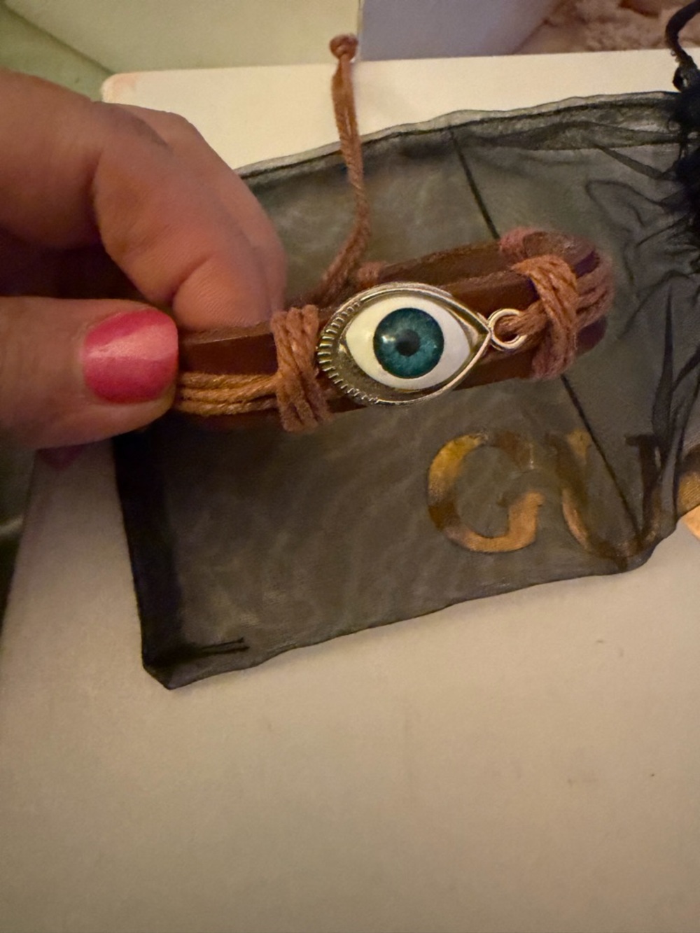 Brown Leather Eye Charm Bracelet with Teal Center, NEW